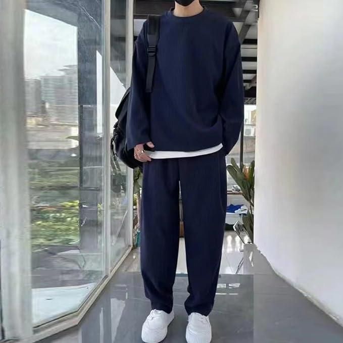 Men’s Solid Round Neck Co-ord Set – Polyester Blend T-Shirt & Track Pants Combo