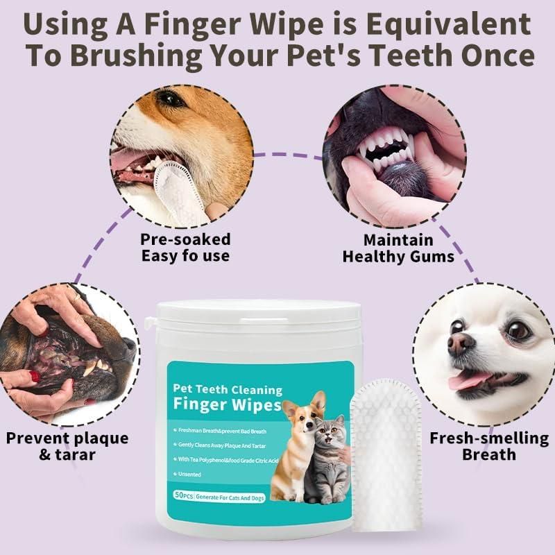 50 Pcs Pet Wet Wipes – Disposable Dog Finger Toothbrush & Cat Teeth Cleaning Wipes for Oral Health Care