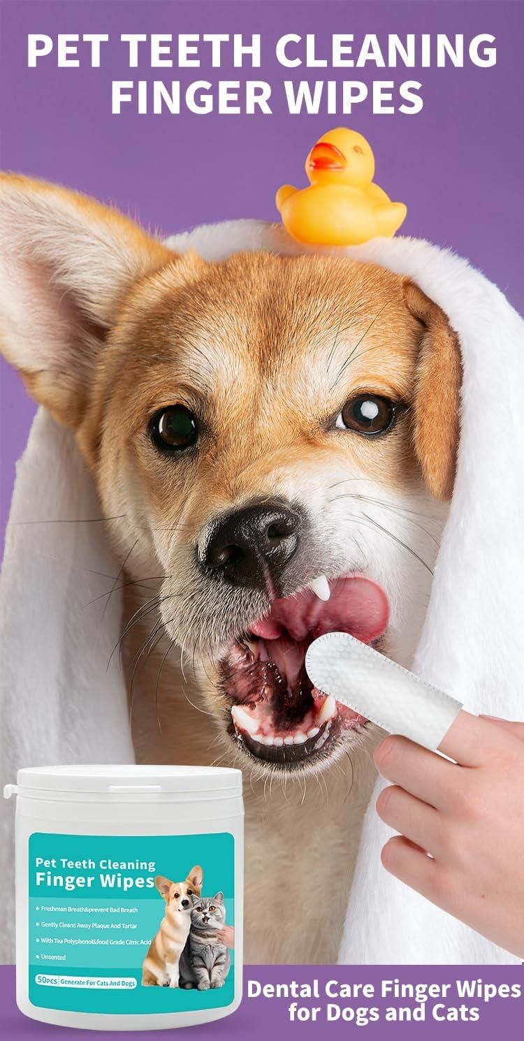 50 Pcs Pet Wet Wipes – Disposable Dog Finger Toothbrush & Cat Teeth Cleaning Wipes for Oral Health Care