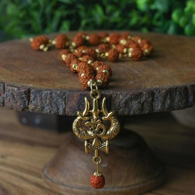 Panchmukhi Rudraksha Om Trishul Mala – Spiritual Shiv Pendant Necklace for Meditation & Protection