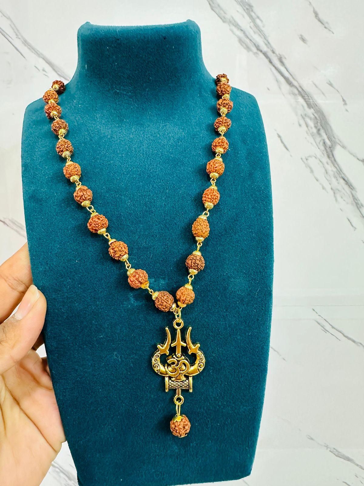 Panchmukhi Rudraksha Om Trishul Mala – Spiritual Shiv Pendant Necklace for Meditation & Protection