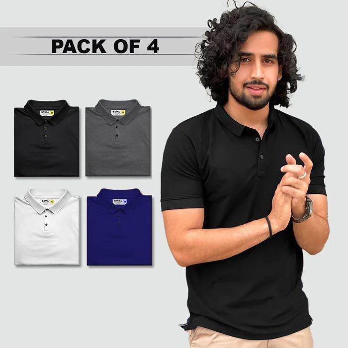 Men’s Poly Matte Half-Sleeve Polo T-Shirts (Pack of 4) – Assorted Solid Colors, Breathable Fabric