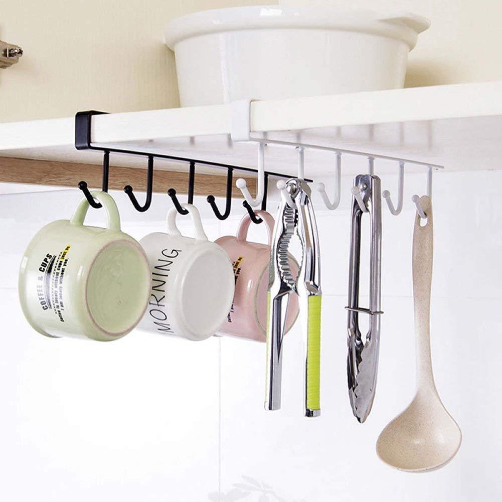 Mug Holder Under Cabinet Cups Wine Glasses Storage Hooks Multifunction Nail Free Coffee Cups Holder Kitchen Utensil Holder Ties Belts Scarf Hanging Hook Rack (Black)