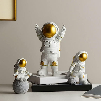Astronaut Spaceman Statue Ornament Home Office Desktop Figurine Decors Set of 3 - Golden - VirtuMart