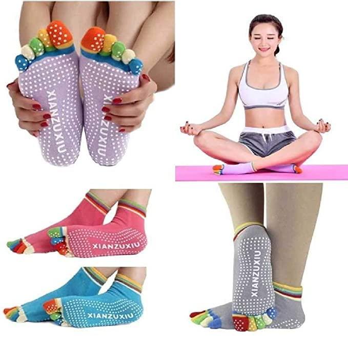 Women's Cotton Anti Slip Five Finger Yoga & Gym Ankle Length Printed Socks with No Fall Grip Under Pack of 1 Pair - VirtuMart